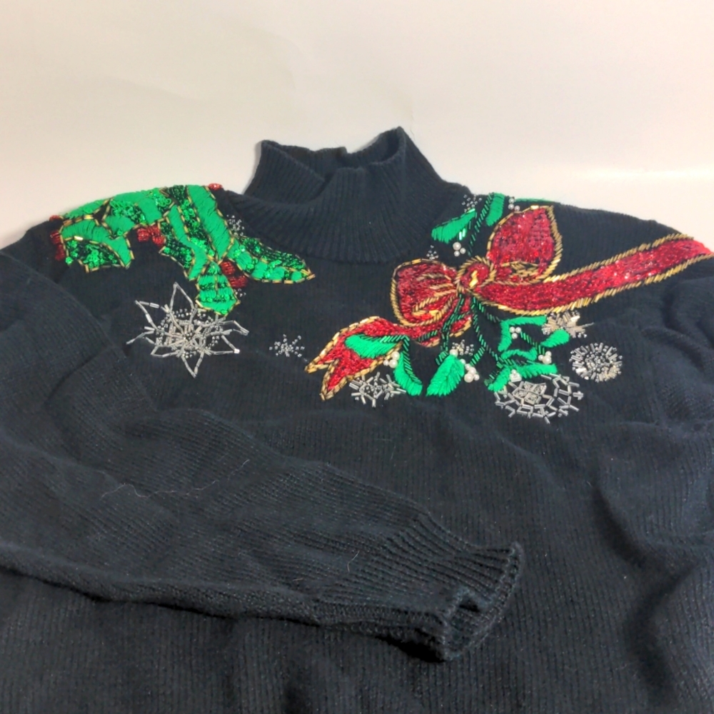 Ugly sweater Christmas sweater knit jumper turtleneck black sequin vintage 90s